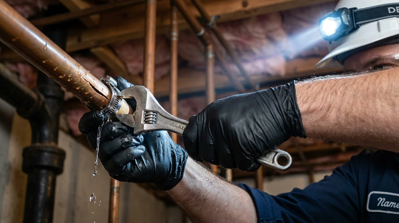 Emergency pipe clamp repair being performed by a Johns Plumbing LLC plumber in Erlanger