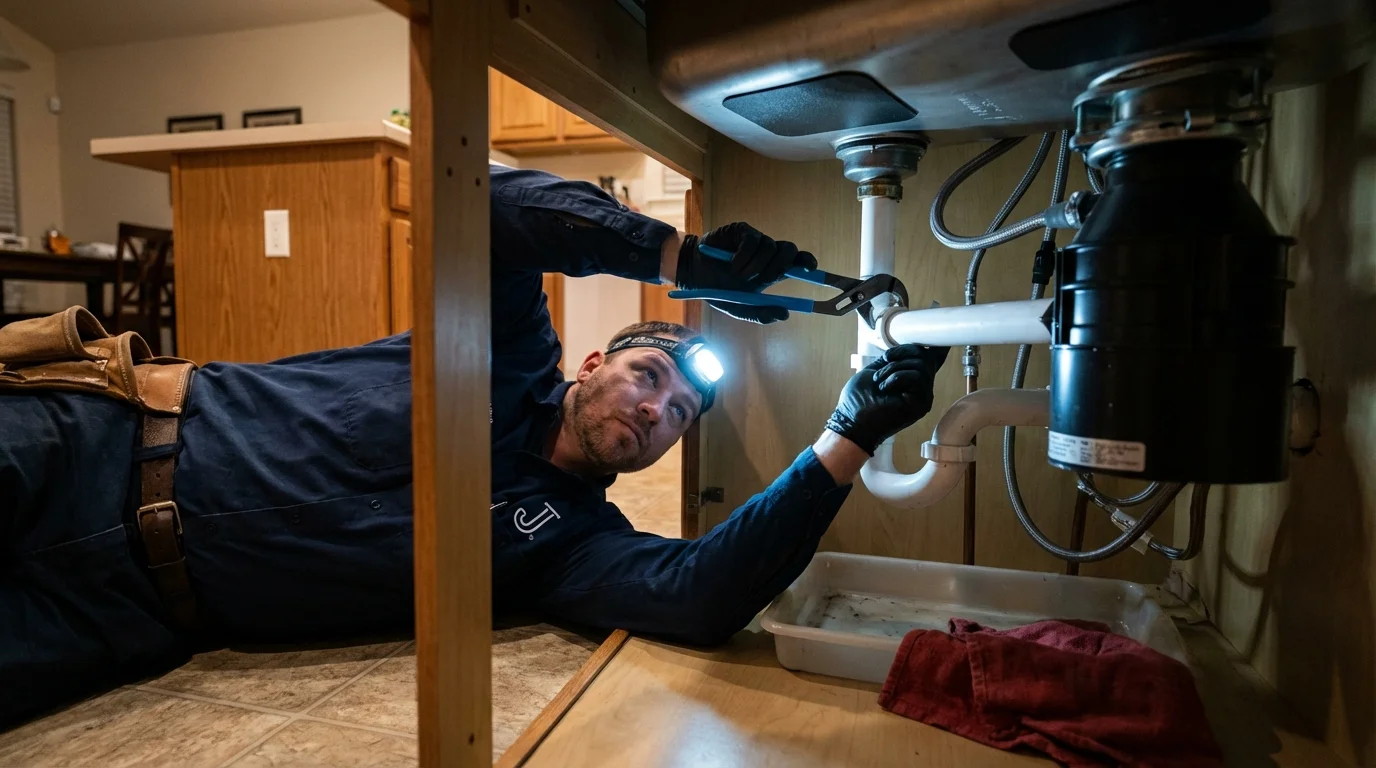 P-trap and supply line connections under a kitchen sink showing a common leak point in Erlanger, KY